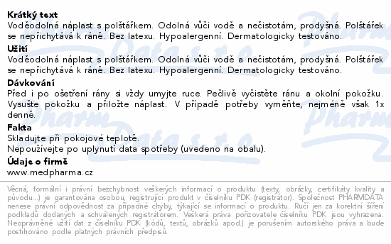 Voděodolná náplast s polštářkem. Odolná vůči vodě a nečistotám, prodyšná. Polštářek se nepřichytává k ráně. Bez latexu. Hypoalergenní. Dermatologicky testováno.