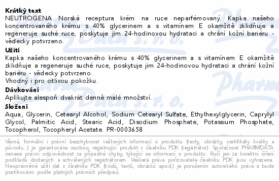 NEUTROGENA Norská receptura krém na ruce neparfémovaný. Kapka našeho koncentrovaného krému s 40% glycerinem a s vitamínem E okamžitě zklidňuje a regeneruje suché ruce, poskytuje jim 24-hodinovou hydrataci a chrání kožní bariéru - vědecky potvrzeno.