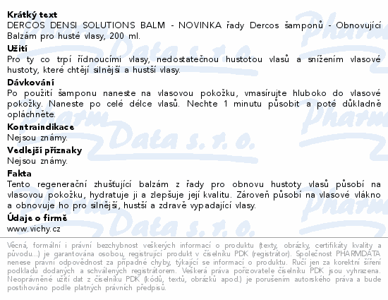 DERCOS DENSI SOLUTIONS BALM - NOVINKA řady Dercos šamponů - Obnovující Balzám pro husté vlasy, 200 ml.