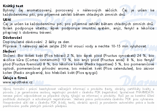 Bylinný čaj aromatizovaný, porcovaný v nálevových sáčcích. Čaj je určen ke každodennímu pití, pro příjemné zahřátí během chladných zimních dnů.