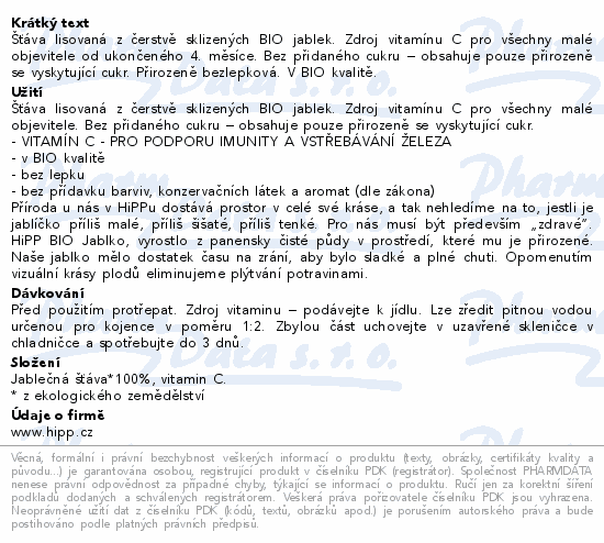 Šťáva lisovaná z čerstvě sklizených BIO jablek. Zdroj vitamínu C pro všechny malé objevitele od ukončeného 4. měsíce. Bez přidaného cukru – obsahuje pouze přirozeně se vyskytující cukr. Přirozeně bezlepková. V BIO kvalitě.