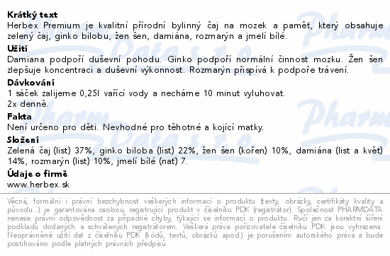 Herbex Premium je kvalitní přírodní bylinný čaj na mozek a paměť, který obsahuje zelený čaj, ginko bilobu, žen šen, damiána, rozmarýn a jmelí bílé.