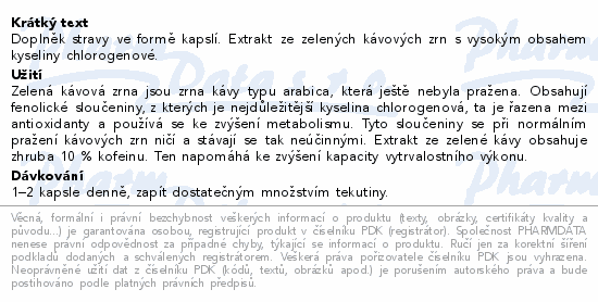 Doplněk stravy ve formě kapslí. Extrakt ze zelených kávových zrn s vysokým obsahem kyseliny chlorogenové.