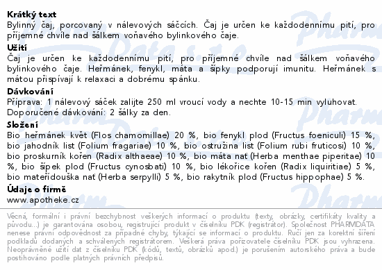 Bylinný čaj, porcovaný v nálevových sáčcích. Čaj je určen ke každodennímu pití, pro příjemné chvíle nad šálkem voňavého bylinkového čaje.