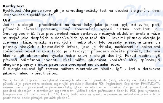 Rychlotest Alergie-celkové IgE je samodiagnostický test na detekci alergenů z krve. Jednoduché a rychlé použití.