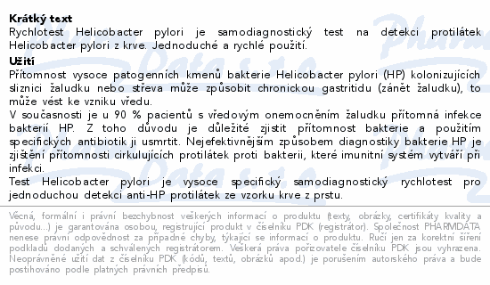 Rychlotest Helicobacter pylori je samodiagnostický test na detekci protilátek Helicobacter pylori z krve. Jednoduché a rychlé použití.