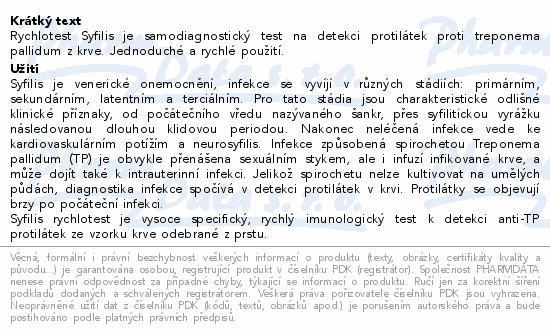 Rychlotest Syfilis je samodiagnostický test na detekci protilátek proti treponema pallidum z krve. Jednoduché a rychlé použití.
