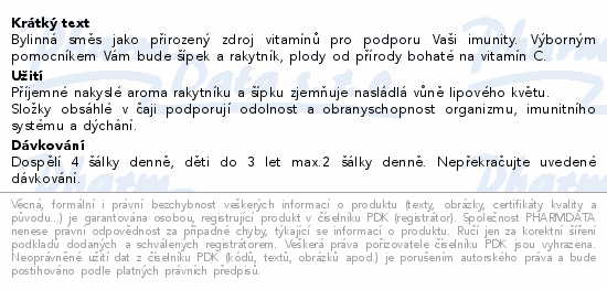 Bylinná směs jako přirozený zdroj vitamínů pro podporu Vaši imunity. Výborným pomocníkem Vám bude šípek a rakytník, plody od přírody bohaté na vitamín C.