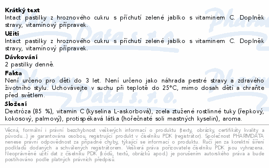 Intact pastilky z hroznového cukru s příchutí zelené jablko s vitaminem C. Doplněk stravy, vitamínový přípravek.