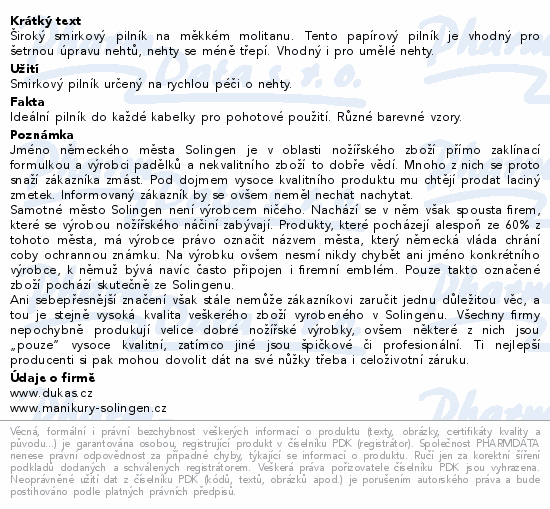 Široký smirkový pilník na měkkém molitanu. Tento papírový pilník je vhodný pro šetrnou úpravu nehtů, nehty se méně třepí. Vhodný i pro umělé nehty.