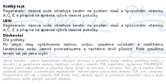Regenerační vlasová voda obsahuje keratin na posílení vlasů a lipozomální vitamíny A,C, E a přispívá ke správné výživě vlasové pokožky.