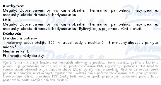 Megafyt Dobré trávení bylinný čaj s obsahem heřmánku, pampelišky, máty peprné, meduňky, aloisie citronové, badyánovníku.