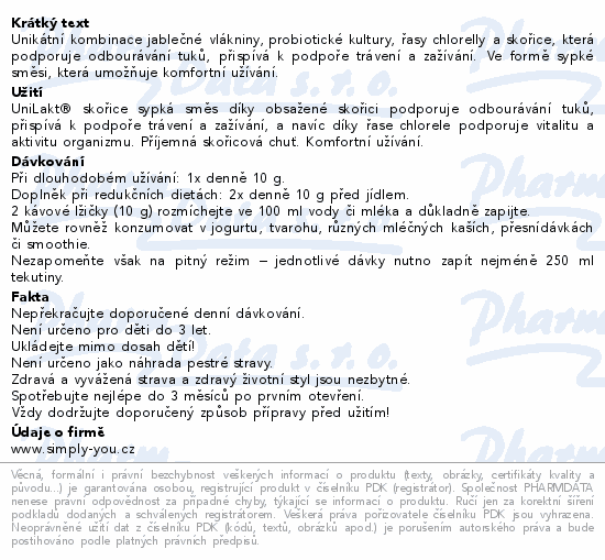 Unikátní kombinace jablečné vlákniny, probiotické kultury, řasy chlorelly a skořice, která podporuje odbourávání tuků, přispívá k podpoře trávení a zažívání. Ve formě sypké směsi, která umožňuje komfortní užívání.