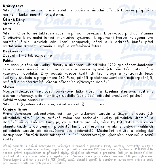 Vitamín C 500 mg ve formě tablet na cucání s přírodní příchutí broskve přispívá k normální funkci imunitního systému.