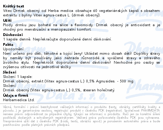 Vitex Drmek obecný od Herba medica obsahuje 60 vegetariánských kapslí s obsahem extraktu z byliny Vitex agnus-castus L. (drmek obecný).