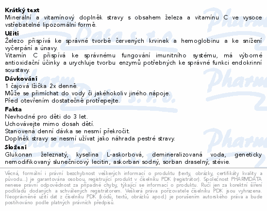 Minerální a vitamínový doplněk stravy s obsahem železa a vitamínu C ve vysoce vstřebatelné lipozomální formě.
