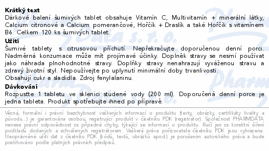 Dárkové balení šumivých tablet obsahuje Vitamín C, Multivitamín + minerální látky, Calcium citronové a Calcium pomerančové, Hořčík + Draslík a také Hořčík s vitamínem B6. Celkem 120 ks šumivých tablet.