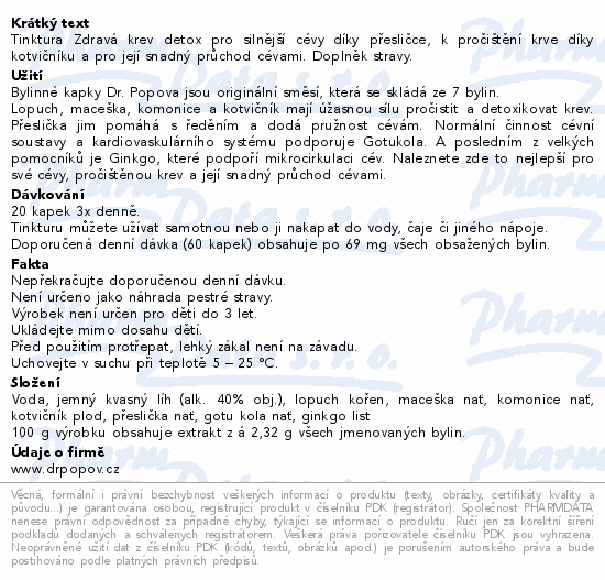 Tinktura Zdravá krev detox pro silnější cévy díky přesličce, k pročištění krve díky kotvičníku a pro její snadný průchod cévami. Doplněk stravy.