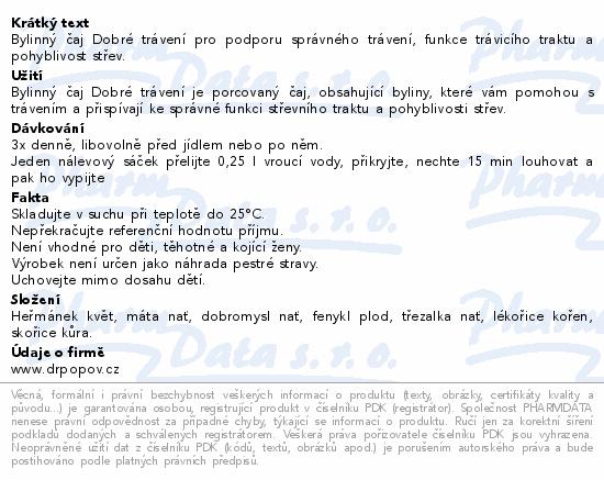 Bylinný čaj Dobré trávení pro podporu správného trávení, funkce trávicího traktu a pohyblivost střev.
