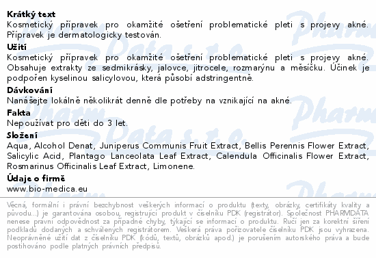 Kosmetický přípravek pro okamžité ošetření problematické pleti s projevy akné. Přípravek je dermatologicky testován.