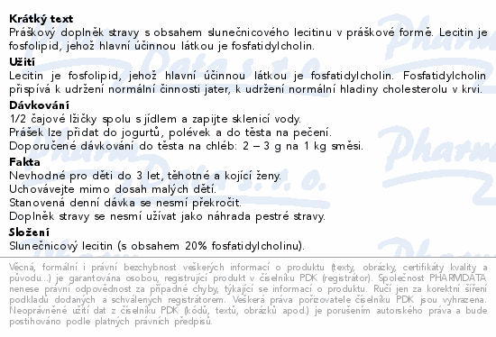 Práškový doplněk stravy s obsahem slunečnicového lecitinu v práškové formě. Lecitin je fosfolipid, jehož hlavní účinnou látkou je fosfatidylcholin.
