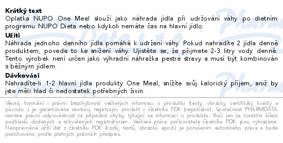 Oplatka NUPO One Meal slouží jako náhrada jídla při udržování váhy po dietním programu NUPO Dieta nebo kdykoli nemáte čas na hlavní jídlo.