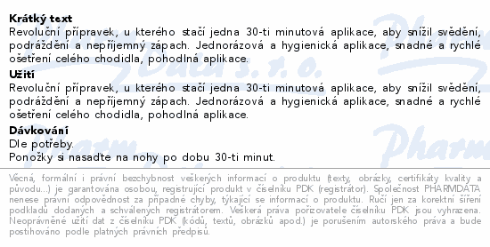 Revoluční přípravek, u kterého stačí jedna 30-ti minutová aplikace, aby snížil svědění, podráždění a nepříjemný zápach. Jednorázová a hygienická aplikace, snadné a rychlé ošetření celého chodidla, pohodlná aplikace.