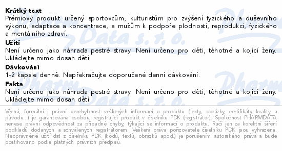 Prémiový produkt určený sportovcům, kulturistům pro zvýšení fyzického a duševního výkonu, adaptace a koncentrace, a mužům k podpoře plodnosti, reprodukci, fyzického a mentálního zdraví.