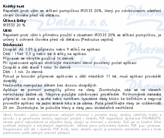 Repelent proti vším se stříkací pumpičkou IR3535 20%, který po odvšivovacím ošetření chrání člověka před vší dětskou.
