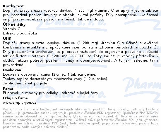 Doplněk stravy s extra vysokou dávkou (1 200 mg) vitaminu C se šípky v jedné tabletě pro intenzivní posílení imunity v období akutní potřeby. Díky postupnému uvolňování se přípravek vstřebává pozvolna a působí tak delší dobu.