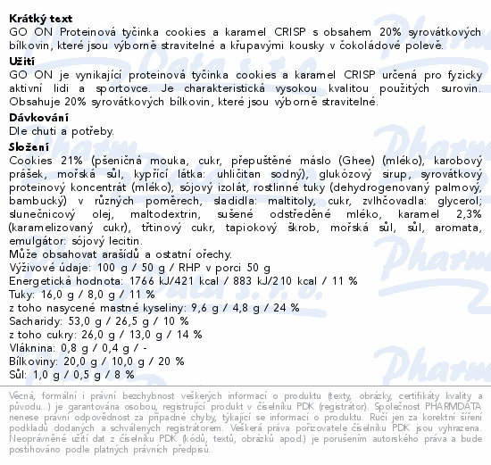GO ON Proteinová tyčinka cookies a karamel CRISP s obsahem 20% syrovátkových bílkovin, které jsou výborně stravitelné a křupavými kousky v čokoládové polevě.