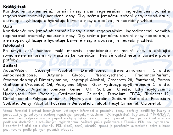 Kondicionér pro jemné až normální vlasy s osmi regeneračními ingrediencemi pomáhá regenerovat chemicky narušené vlasy. Díky svému jemnému složení vlasy nepoškozuje, ale naopak vyhlazuje a hydratuje barvené vlasy a dodává jim hedvábný vzhled.