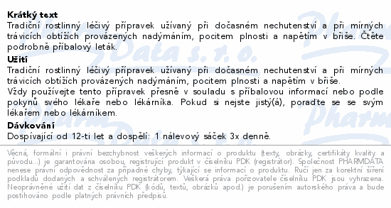 Tradiční rostlinný léčivý přípravek užívaný při dočasném nechutenství a při mírných trávicích obtížích provázených nadýmáním, pocitem plnosti a napětím v břiše. Čtěte pozorně příbalový leták.