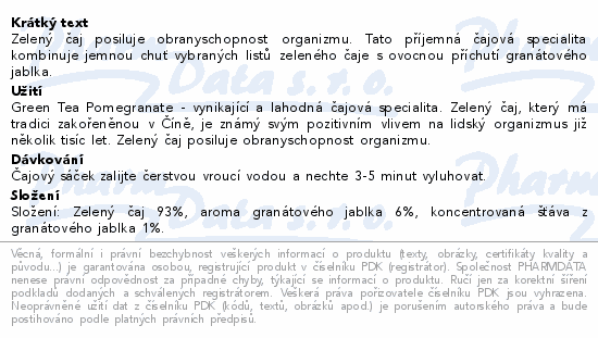 Zelený čaj posiluje obranyschopnost organizmu. Tato příjemná čajová specialita kombinuje jemnou chuť vybraných listů zeleného čaje s ovocnou příchutí granátového jablka.