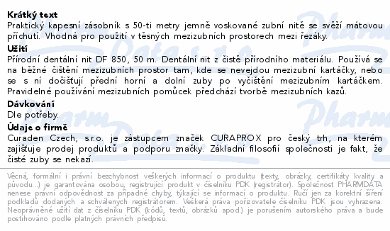 Praktický kapesní zásobník s 50-ti metry jemně voskované zubní nitě se svěží mátovou příchutí. Vhodná pro použití v těsných mezizubních prostorech mezi řezáky.