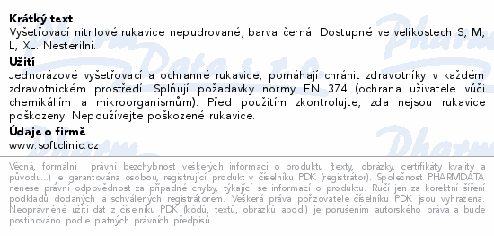 Vyšetřovací nitrilové rukavice nepudrované, barva černá. Dostupné ve velikostech S, M, L, XL. Nesterilní.