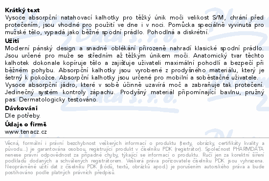 Vysoce absorpční natahovací kalhotky pro těžký únik moči velikost S/M, chrání před protečením, jsou vhodné pro použití ve dne i v noci. Pomůcka speciálně vyvinutá pro mužské tělo, vypadá jako běžné spodní prádlo. Pohodlná a diskrétní.