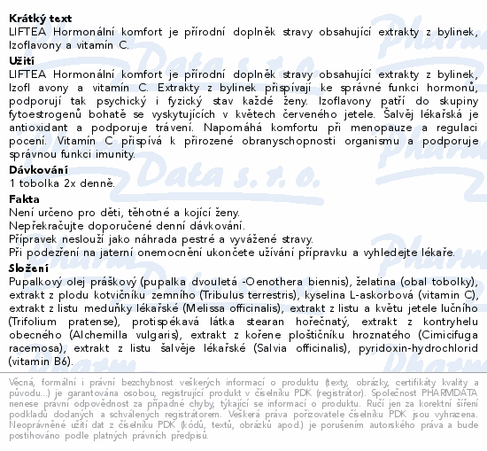 LIFTEA Hormonální komfort je přírodní doplněk stravy obsahující extrakty z bylinek, Izoflavony a vitamín C.