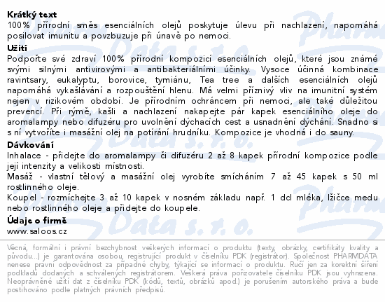 100% přírodní směs esenciálních olejů poskytuje úlevu při nachlazení, napomáhá posilovat imunitu a povzbuzuje při únavě po nemoci.