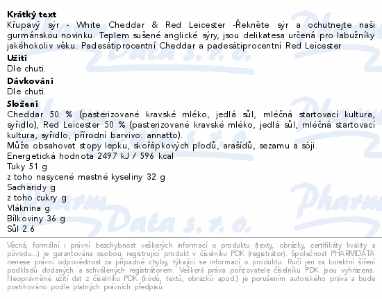 Křupavý sýr - White Cheddar & Red Leicester -Řekněte sýr a ochutnejte naši gurmánskou novinku. Teplem sušené anglické sýry, jsou delikatesa určená pro labužníky jakéhokoliv věku. Padesátiprocentní Cheddar a padesátiprocentní Red Leicester