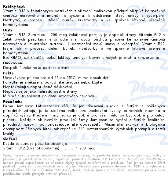 Vitamín B12 v želatinových pastilkách s přírodní malinovou příchutí přispívá ke správné  činnosti nervového a imunitního systému, k odstranění stavů únavy a vyčerpání. Nezbytný v procesu dělení buněk, krvetvorby a ke správné látkové přeměně homocysteinu.