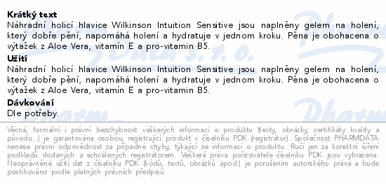 Náhradní holicí hlavice Wilkinson Intuition Sensitive jsou naplněny gelem na holení, který dobře pění, napomáhá holení a hydratuje v jednom kroku. Pěna je obohacena o výtažek z Aloe Vera, vitamín E a pro-vitamin B5.