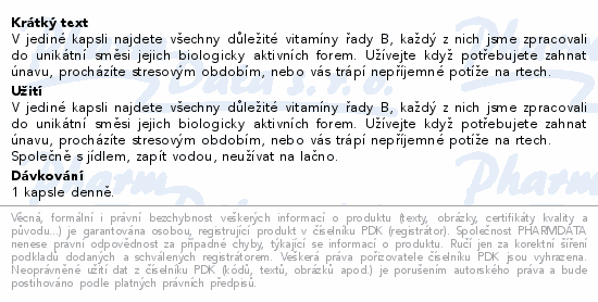V jediné kapsli najdete všechny důležité vitamíny řady B, každý z nich jsme zpracovali do unikátní směsi jejich biologicky aktivních forem. Užívejte když potřebujete zahnat únavu, procházíte stresovým obdobím, nebo vás trápí nepříjemné potíže na rtech.