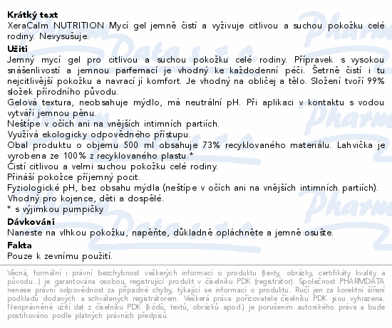 XeraCalm NUTRITION Mycí gel jemně čistí a vyživuje citlivou a suchou pokožku celé rodiny. Nevysušuje.