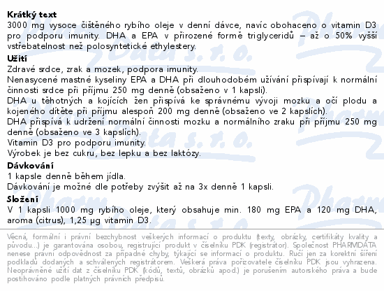 3000 mg vysoce čištěného rybího oleje v denní dávce, navíc obohaceno o vitamin D3 pro podporu imunity. DHA a EPA v přirozené formě triglyceridů – až o 50% vyšší vstřebatelnost než polosyntetické ethylestery.