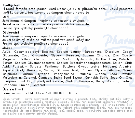 Přírodní šampón proti padání vlasů.Obsahuje 99 % přírodních složek. Zbylé procento tvoří konzervant, bez kterého by šampon dlouho nevydržel.