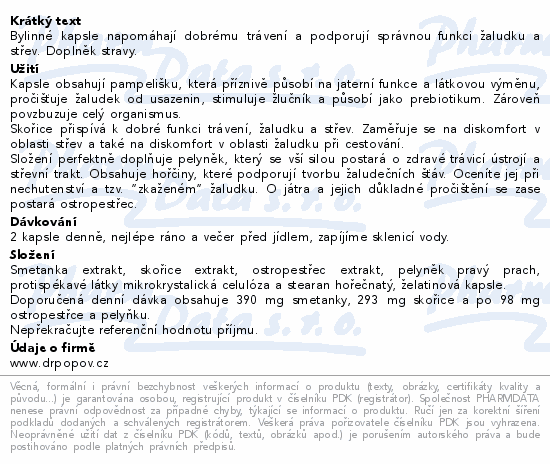 Bylinné kapsle napomáhají dobrému trávení a  podporují správnou funkci žaludku a střev. Doplněk stravy.