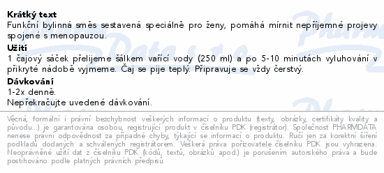 Funkční bylinná směs sestavená speciálně pro ženy, pomáhá mírnit nepříjemné projevy spojené s menopauzou.
