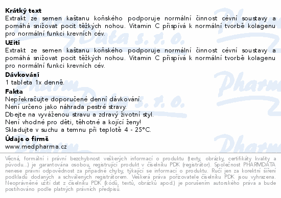 Extrakt ze semen kaštanu koňského podporuje normální činnost cévní soustavy a pomáhá snižovat pocit těžkých nohou. Vitamin C přispívá k normální tvorbě kolagenu pro normální funkci krevních cév.