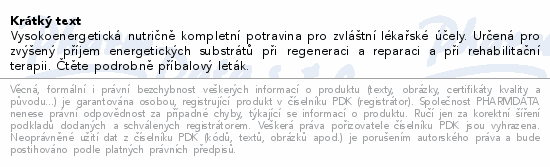 Vysokoenergetická nutričně kompletní potravina pro zvláštní lékařské účely. Určená pro zvýšený příjem energetických substrátů při regeneraci a reparaci a při rehabilitační terapii. Čtěte pozorně příbalový leták.